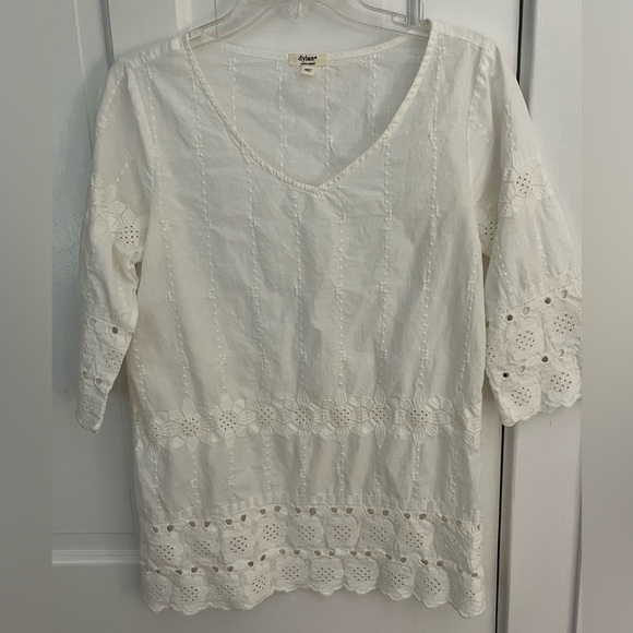 Dylan Botanical Blooms 100% Cotton White Eyelet Tunic Top Cottagecore XS Boho - Picture 2 of 13